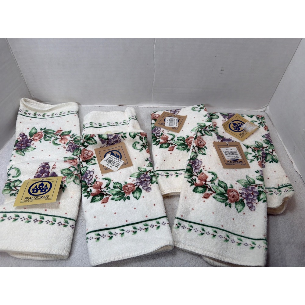 NWT Pfaltzgraff Grapevine Dish Towel/Cloth  White Purple Floral Cotton 5pc 12x12